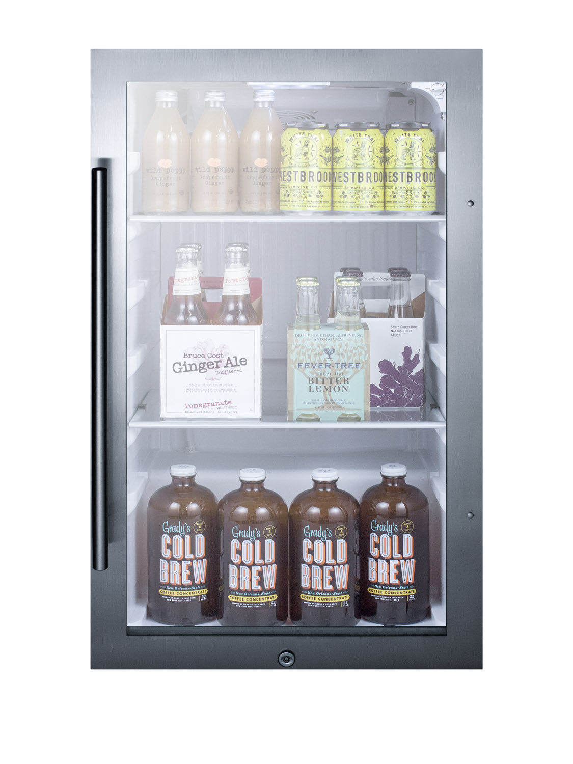 Commercially approved outdoor beverage cooler for built-in or freestanding use with a shallow 17